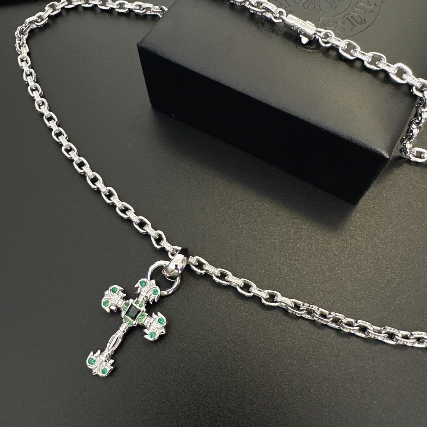 Chrome Hearts Silver Cross Pendant with Emerald Accents
